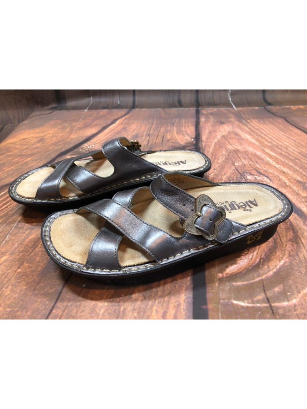 ALEGRIA Barcelona Leather Strappy Slide Sandals Comfort Womens 38 /8-8.5